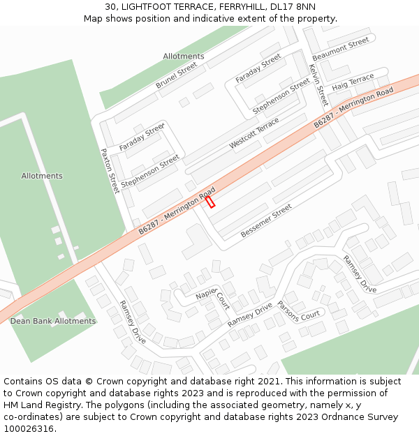 30, LIGHTFOOT TERRACE, FERRYHILL, DL17 8NN: Location map and indicative extent of plot