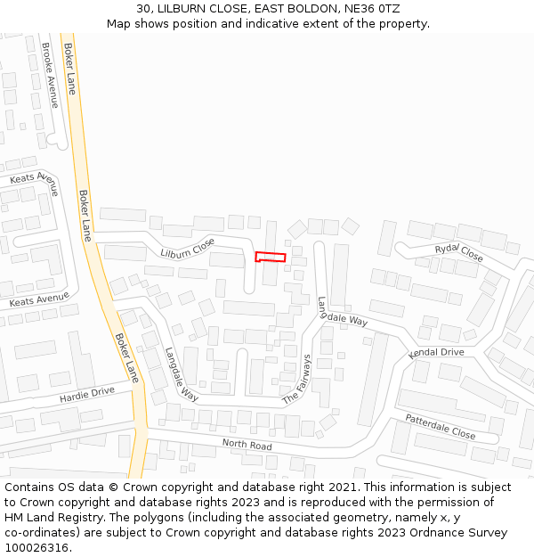 30, LILBURN CLOSE, EAST BOLDON, NE36 0TZ: Location map and indicative extent of plot