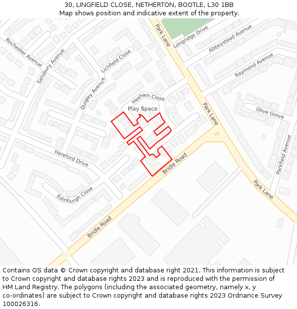 30, LINGFIELD CLOSE, NETHERTON, BOOTLE, L30 1BB: Location map and indicative extent of plot