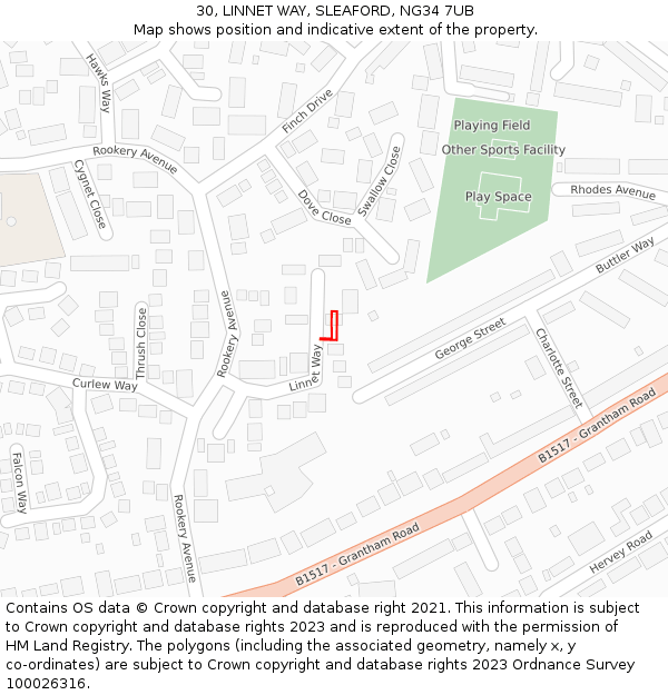 30, LINNET WAY, SLEAFORD, NG34 7UB: Location map and indicative extent of plot