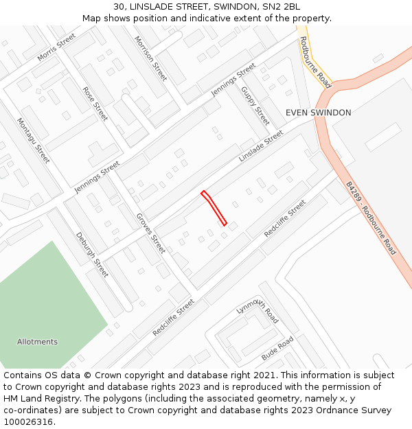 30, LINSLADE STREET, SWINDON, SN2 2BL: Location map and indicative extent of plot