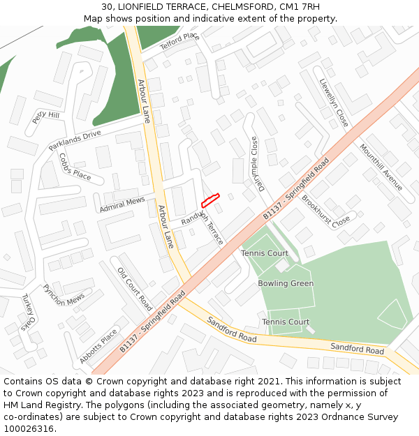 30, LIONFIELD TERRACE, CHELMSFORD, CM1 7RH: Location map and indicative extent of plot