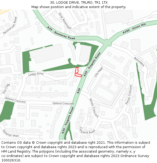 30, LODGE DRIVE, TRURO, TR1 1TX: Location map and indicative extent of plot