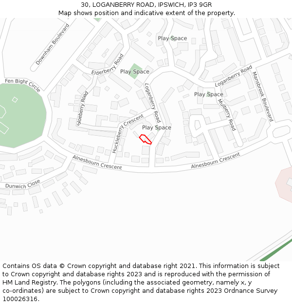 30, LOGANBERRY ROAD, IPSWICH, IP3 9GR: Location map and indicative extent of plot