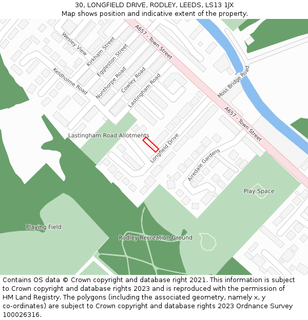 30, LONGFIELD DRIVE, RODLEY, LEEDS, LS13 1JX: Location map and indicative extent of plot