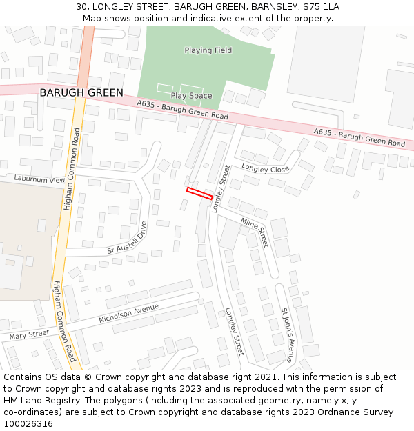 30, LONGLEY STREET, BARUGH GREEN, BARNSLEY, S75 1LA: Location map and indicative extent of plot