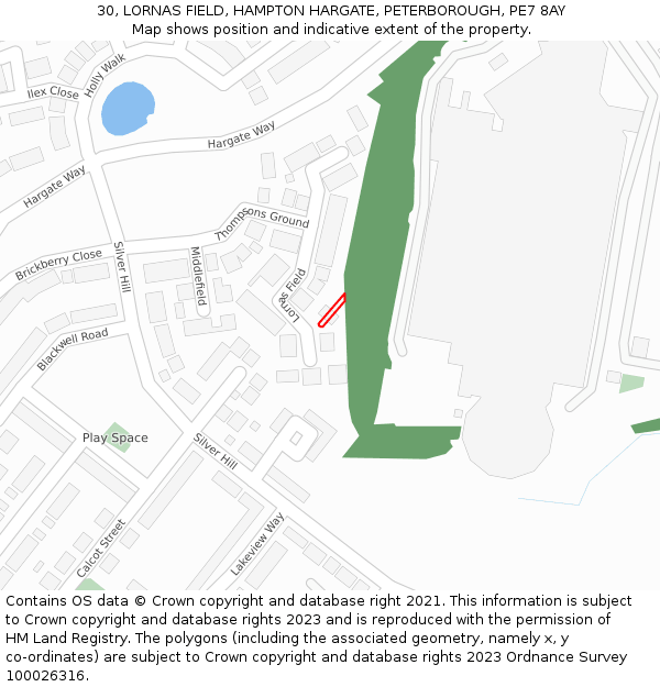 30, LORNAS FIELD, HAMPTON HARGATE, PETERBOROUGH, PE7 8AY: Location map and indicative extent of plot