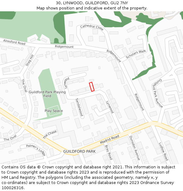 30, LYNWOOD, GUILDFORD, GU2 7NY: Location map and indicative extent of plot