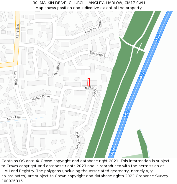 30, MALKIN DRIVE, CHURCH LANGLEY, HARLOW, CM17 9WH: Location map and indicative extent of plot