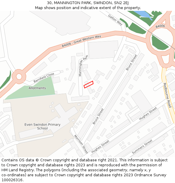 30, MANNINGTON PARK, SWINDON, SN2 2EJ: Location map and indicative extent of plot