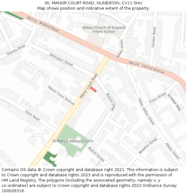30, MANOR COURT ROAD, NUNEATON, CV11 5HU: Location map and indicative extent of plot