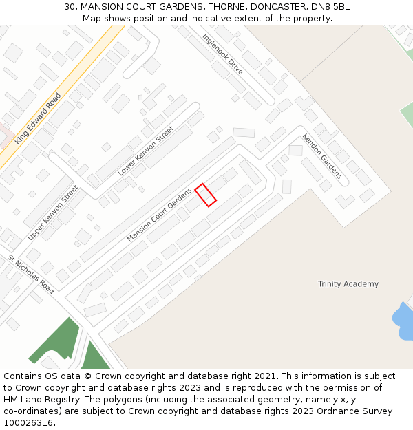 30, MANSION COURT GARDENS, THORNE, DONCASTER, DN8 5BL: Location map and indicative extent of plot