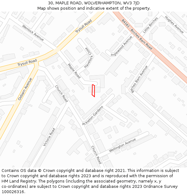 30, MAPLE ROAD, WOLVERHAMPTON, WV3 7JD: Location map and indicative extent of plot