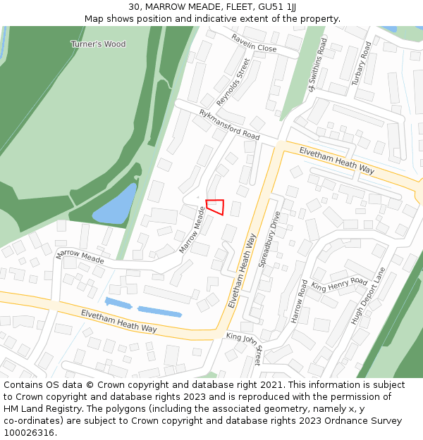 30, MARROW MEADE, FLEET, GU51 1JJ: Location map and indicative extent of plot