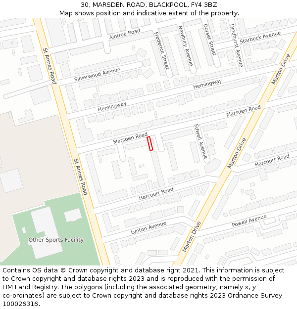 30, MARSDEN ROAD, BLACKPOOL, FY4 3BZ: Location map and indicative extent of plot