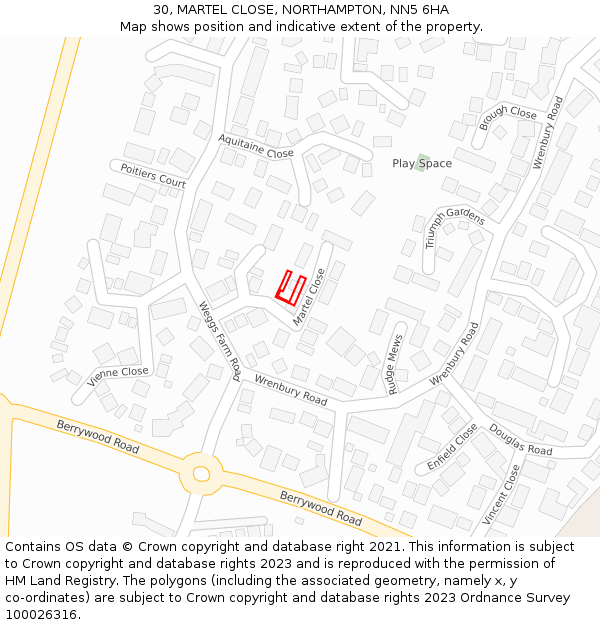 30, MARTEL CLOSE, NORTHAMPTON, NN5 6HA: Location map and indicative extent of plot