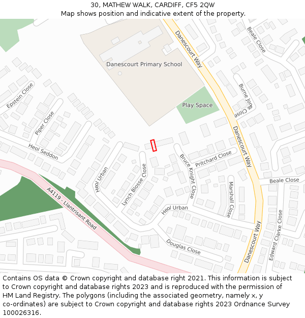 30, MATHEW WALK, CARDIFF, CF5 2QW: Location map and indicative extent of plot