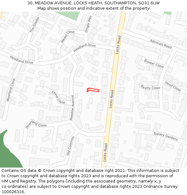 30, MEADOW AVENUE, LOCKS HEATH, SOUTHAMPTON, SO31 6UW: Location map and indicative extent of plot