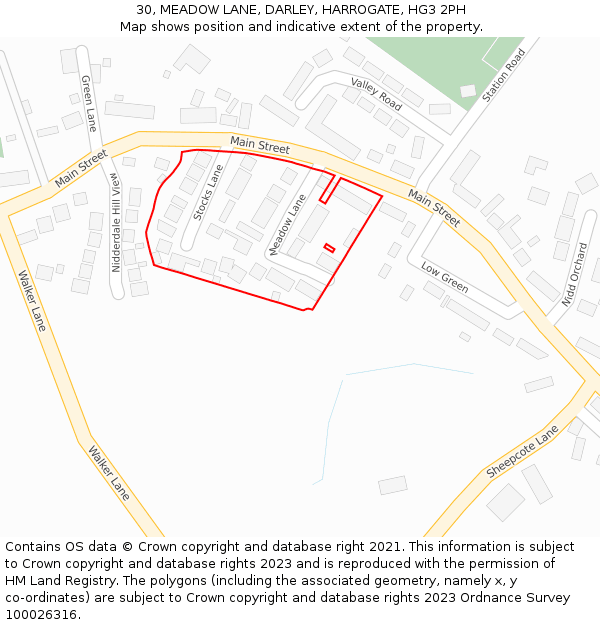 30, MEADOW LANE, DARLEY, HARROGATE, HG3 2PH: Location map and indicative extent of plot