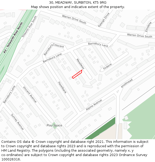 30, MEADWAY, SURBITON, KT5 9RG: Location map and indicative extent of plot