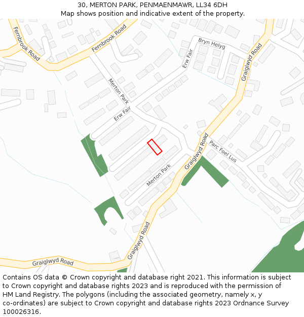 30, MERTON PARK, PENMAENMAWR, LL34 6DH: Location map and indicative extent of plot