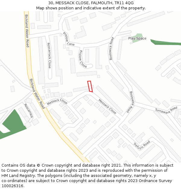 30, MESSACK CLOSE, FALMOUTH, TR11 4QG: Location map and indicative extent of plot