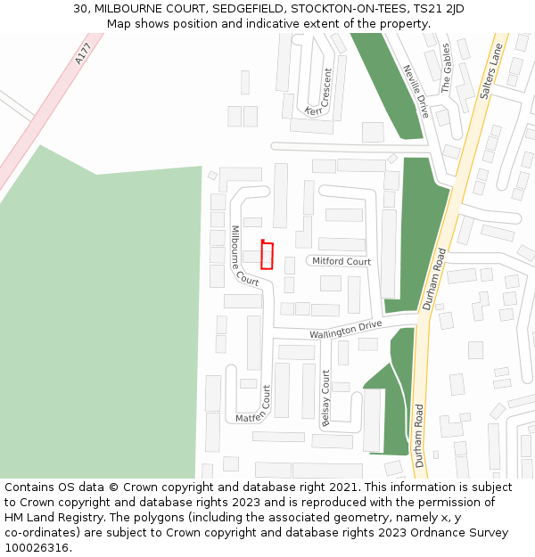 30, MILBOURNE COURT, SEDGEFIELD, STOCKTON-ON-TEES, TS21 2JD: Location map and indicative extent of plot