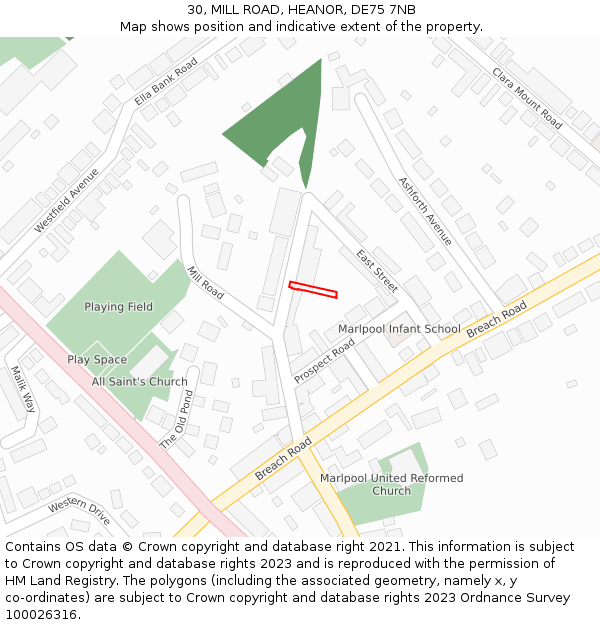 30, MILL ROAD, HEANOR, DE75 7NB: Location map and indicative extent of plot