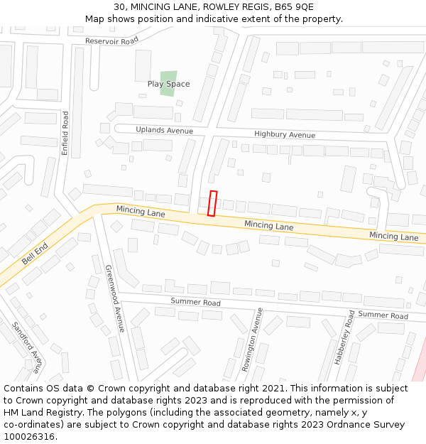 30, MINCING LANE, ROWLEY REGIS, B65 9QE: Location map and indicative extent of plot