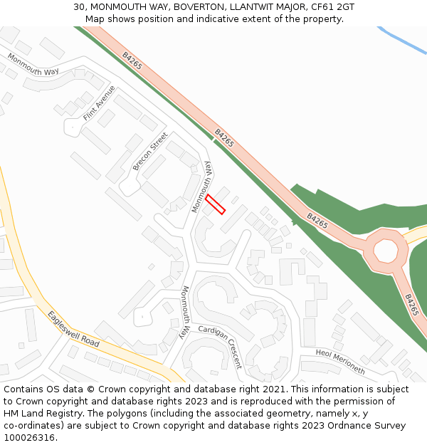30, MONMOUTH WAY, BOVERTON, LLANTWIT MAJOR, CF61 2GT: Location map and indicative extent of plot