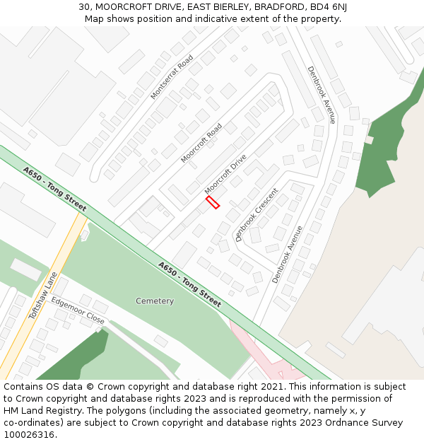 30, MOORCROFT DRIVE, EAST BIERLEY, BRADFORD, BD4 6NJ: Location map and indicative extent of plot