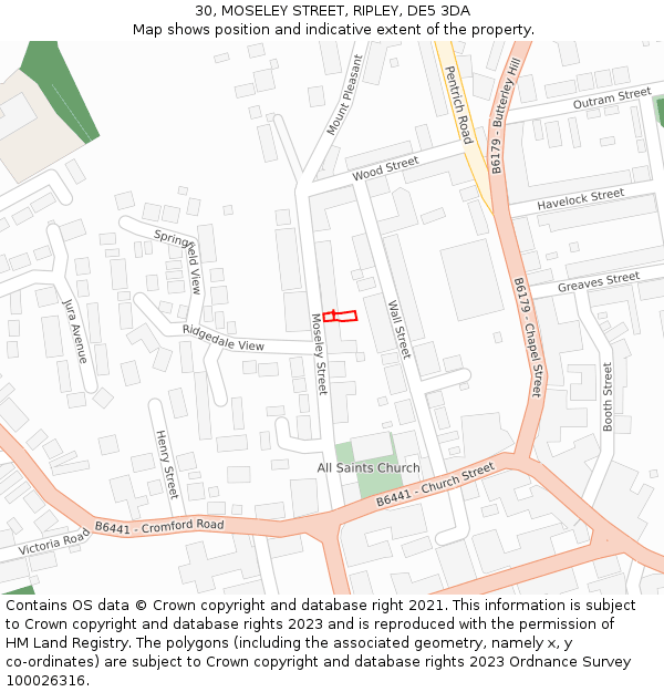 30, MOSELEY STREET, RIPLEY, DE5 3DA: Location map and indicative extent of plot