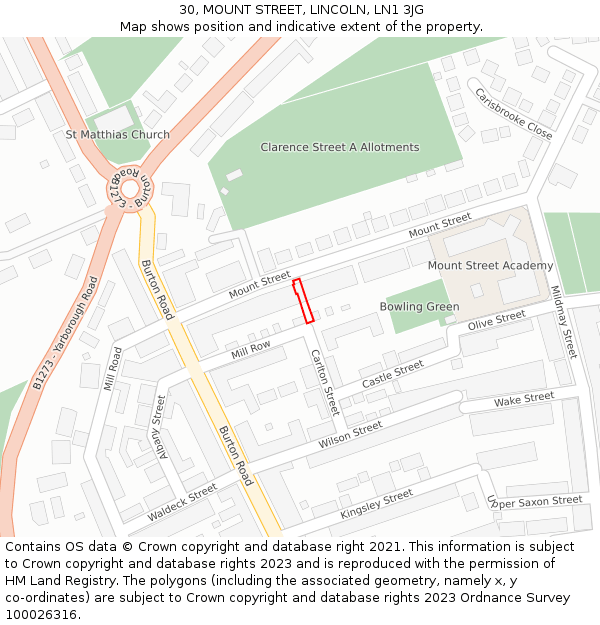 30, MOUNT STREET, LINCOLN, LN1 3JG: Location map and indicative extent of plot