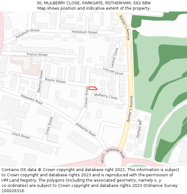 30, MULBERRY CLOSE, PARKGATE, ROTHERHAM, S62 6BW: Location map and indicative extent of plot