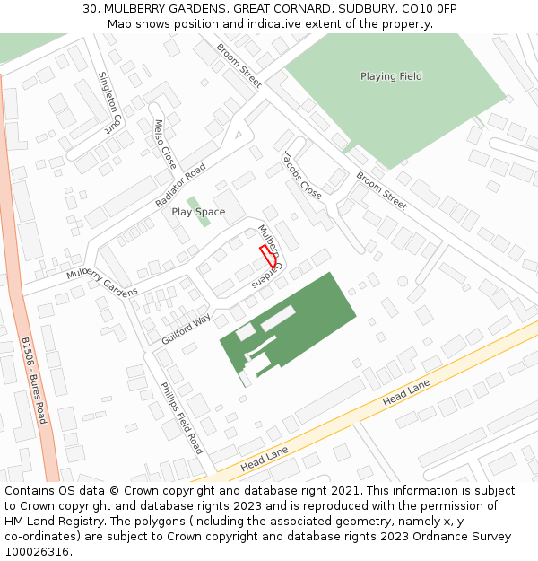 30, MULBERRY GARDENS, GREAT CORNARD, SUDBURY, CO10 0FP: Location map and indicative extent of plot