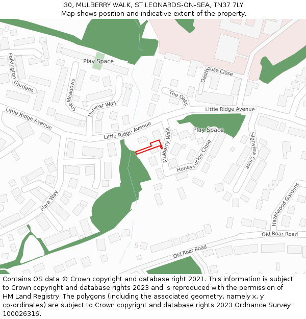 30, MULBERRY WALK, ST LEONARDS-ON-SEA, TN37 7LY: Location map and indicative extent of plot