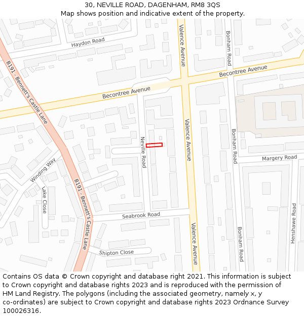 30, NEVILLE ROAD, DAGENHAM, RM8 3QS: Location map and indicative extent of plot
