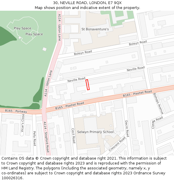 30, NEVILLE ROAD, LONDON, E7 9QX: Location map and indicative extent of plot