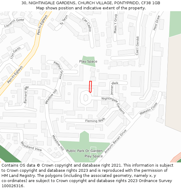 30, NIGHTINGALE GARDENS, CHURCH VILLAGE, PONTYPRIDD, CF38 1GB: Location map and indicative extent of plot