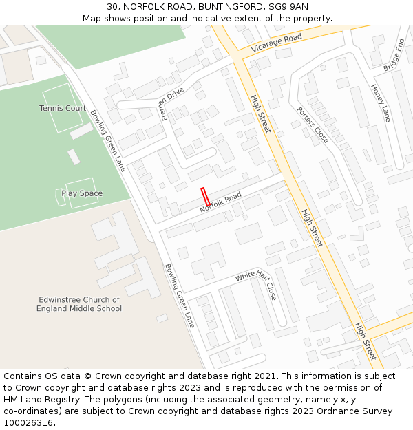 30, NORFOLK ROAD, BUNTINGFORD, SG9 9AN: Location map and indicative extent of plot