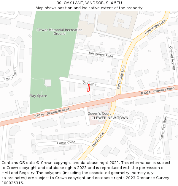 30, OAK LANE, WINDSOR, SL4 5EU: Location map and indicative extent of plot