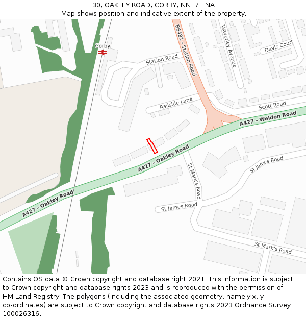 30, OAKLEY ROAD, CORBY, NN17 1NA: Location map and indicative extent of plot
