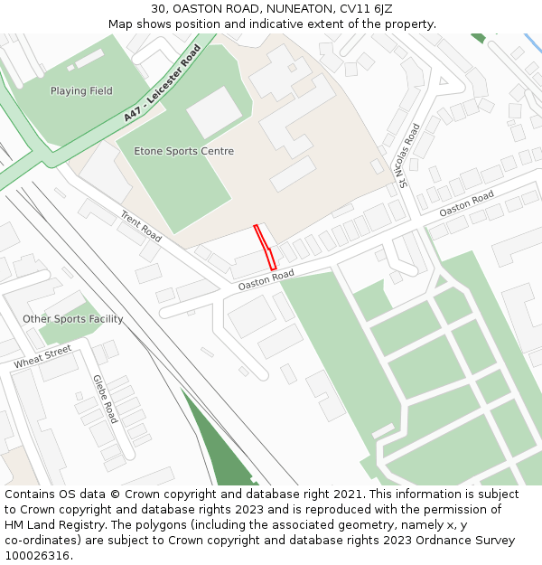 30, OASTON ROAD, NUNEATON, CV11 6JZ: Location map and indicative extent of plot