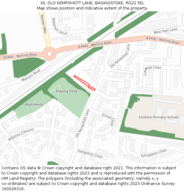 30, OLD KEMPSHOTT LANE, BASINGSTOKE, RG22 5EL: Location map and indicative extent of plot