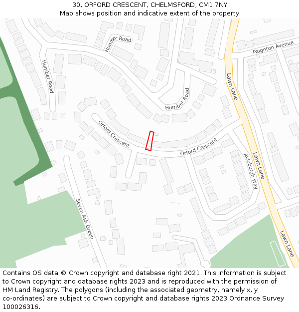 30, ORFORD CRESCENT, CHELMSFORD, CM1 7NY: Location map and indicative extent of plot