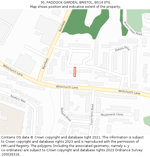 30, PADDOCK GARDEN, BRISTOL, BS14 0TG: Location map and indicative extent of plot