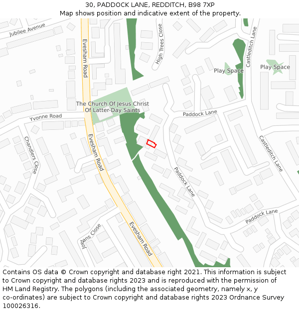 30, PADDOCK LANE, REDDITCH, B98 7XP: Location map and indicative extent of plot