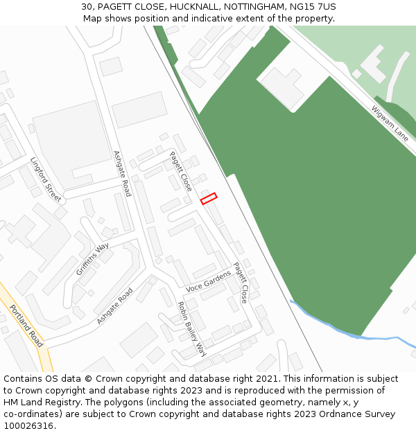 30, PAGETT CLOSE, HUCKNALL, NOTTINGHAM, NG15 7US: Location map and indicative extent of plot