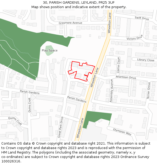 30, PARISH GARDENS, LEYLAND, PR25 3UF: Location map and indicative extent of plot