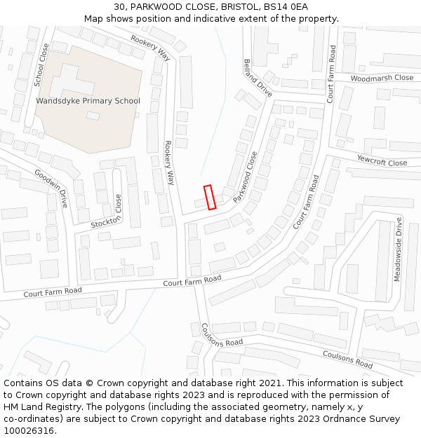 30, PARKWOOD CLOSE, BRISTOL, BS14 0EA: Location map and indicative extent of plot